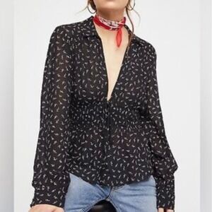 Free People Deep V Black White Floral Long Sleeve Peplum‎ Blouse Women's Medium